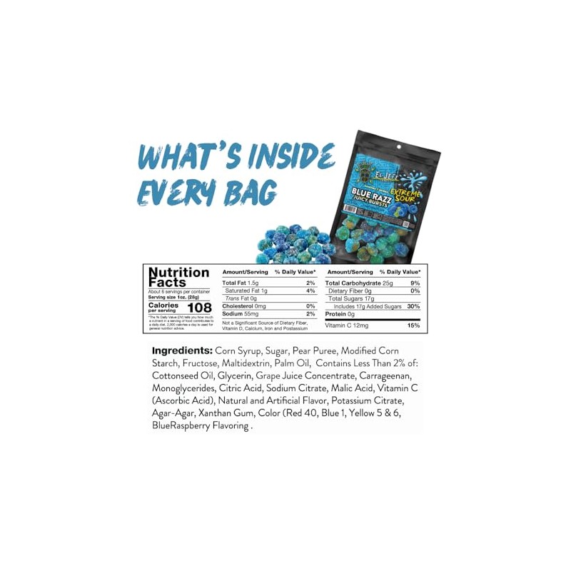 El Jefe Snacks Extreme Sour Blue Razz Juicy Bursts Candy