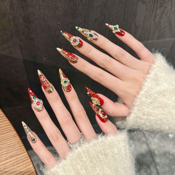 TENPAL Imperial Bridal Press On Nails Long Stiletto,Phoenix Vermeil Ruby