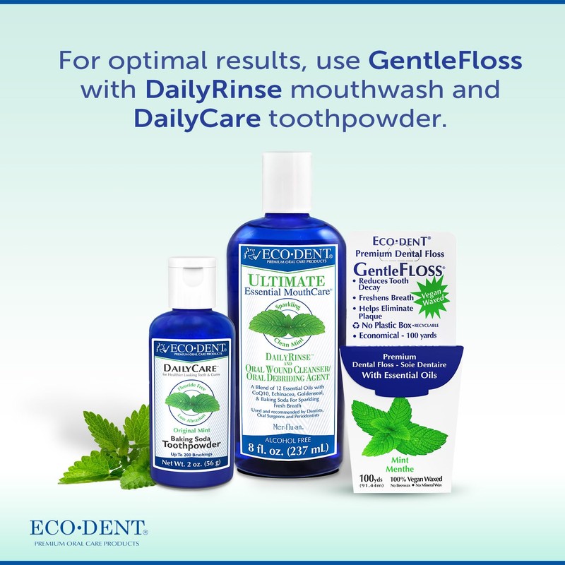 Eco-Dent GentleFloss Dental Floss, Waxed, Mint - Floss with Vegan