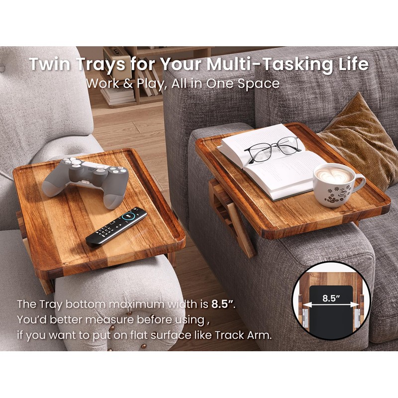 Danfoxer 2 Pack Acacia Wood Couch Arm Tray,Couch Tray,Folding Sofa