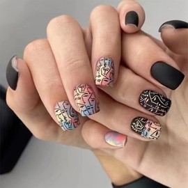 SINHOT Square Press on Nails Medium - Black Fake Nails Matte Glue on Nails Face Graffiti Nails Colorful Ombre Squoval Artificial Nails Stick on False Nails with Design DIY 24 pcs