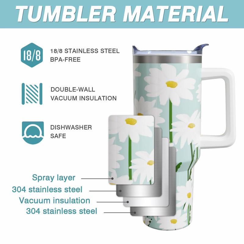 Gonqtoz 40 oz Tumbler With handle and straw, daisy Stainless