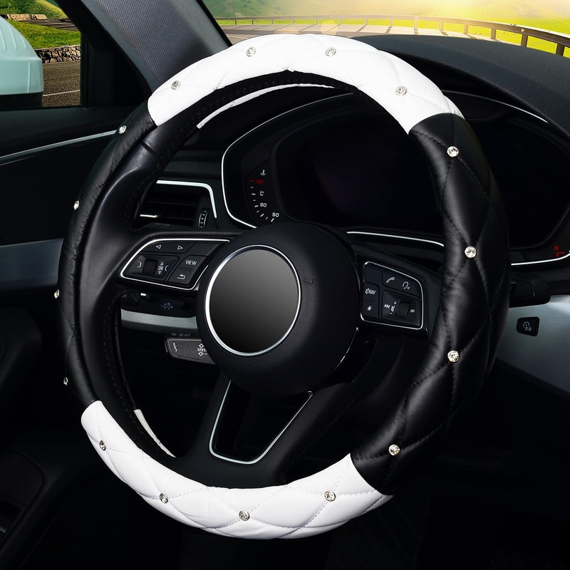 KAFEEK Diamond Soft Leather Steering Wheel Cover with Bling Bling
