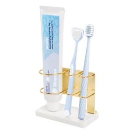 Winmien Toothbrush Holder for Bathroom Counter, Metal Toothbrush and Toothpaste Holder Stand with Marble Base for Bath Organizer Countertop, 3 Slots (Gold)