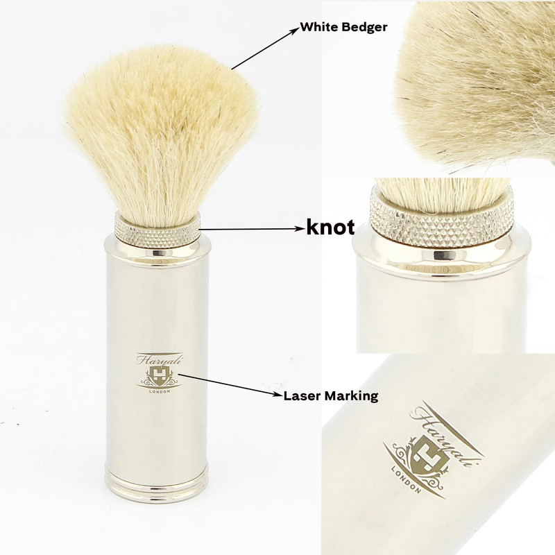 Men's Travel Shaving Brush with White Badger Hair in Stainless
