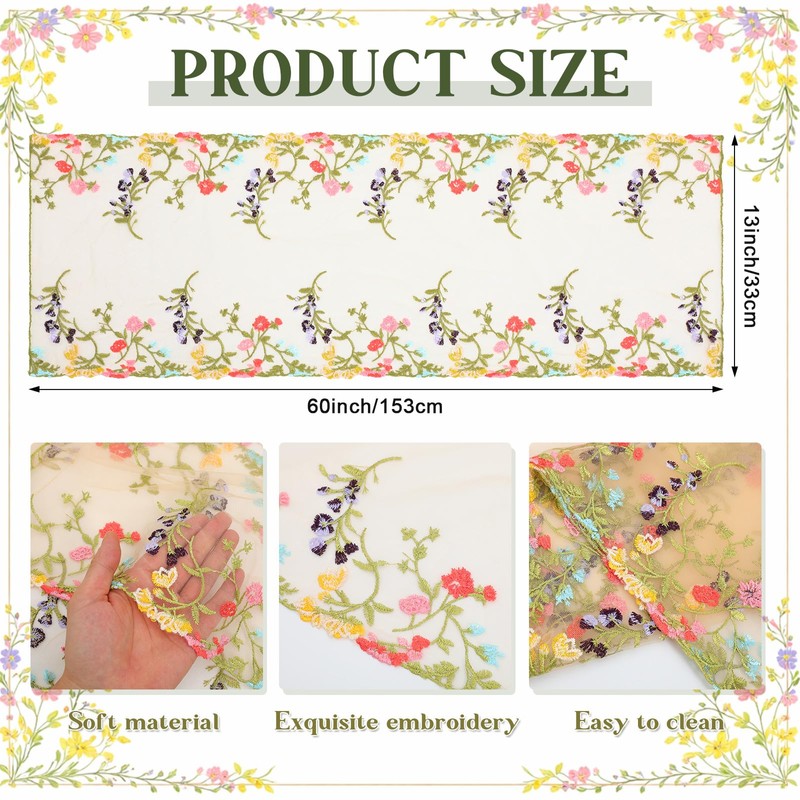 Windkream Embroidered Lace Table Runner Spring Summer Floral Tulle Trim