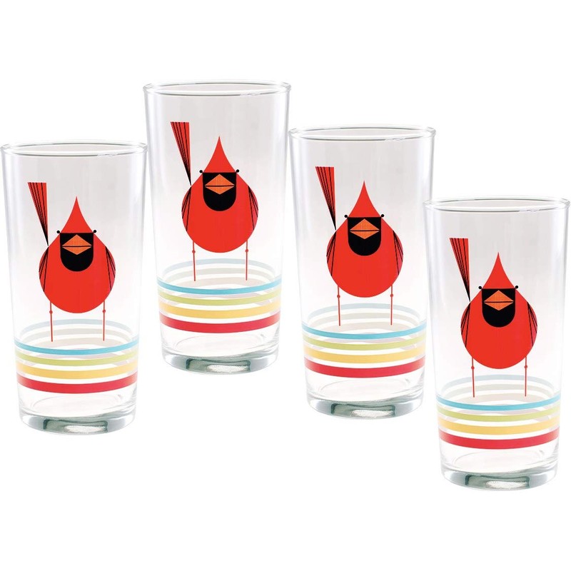 Charley Harper Glasses Cardinal Close-Up with Stripes (Set of 4)