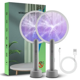 Electric Fly Swatter Racket, Mosiller 4000V 2 in 1 Bug Zapper with USB Rechargeable Base, Powerful Mosquitoes Trap Lamp & Fly Killer with 3-Layer Safety Mesh for Home, Indoor, Bedroom(Grey-1 Pack)