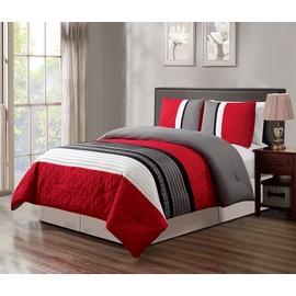 GrandLinen 3 Piece Red/Grey/Black/White Scroll Embroidery Bed in A Bag Down Alternative Comforter Set (California) Cal King Size Bedding. Perfect for Any Bed Room or Guest Room