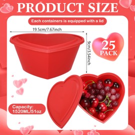 Newtay 25 Pcs 51 oz Heart Shaped Plastic Food Storage with Lids Large red Seasoning Plates Containers Reusable Dessert and Lunch Box for Mother Valentine Wedding Birthday Party