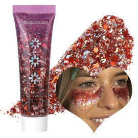 BADCOLOR Red Face Body Glitter Gel, Holographic Shimmer Chunky Glitters Makeup for Hair Nails Eye Lips, Music Festival Concert Rave Accessories Party, Long Lasting Sparkling Mermaid Sequins Gel Kit