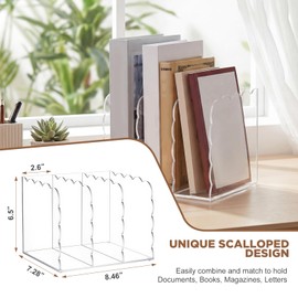 Suzile Scalloped Acrylic Magazine File Holder, 3-Compartment 4mm Thick, Clear Desk Organizer Vertical Bookends Organization for Office, Binders, Documents, Tablets, Magazines, Books