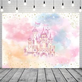 CRTPOD Pink Princess Castle Backdrop Colorful Rainbow Gold Dots Background Photography Banner for Baby Girl Birthday Medieval Themed Party Decorations Wallpaper Photo Photobooth Props 7x5ft