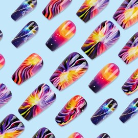 Short Coffin Press on Nails Colorful Fake Nails Firework Acrylic Nails Glossy Full Cover Nails Press ons Purple & Blue Reusable Stick on Nails for Women 24 Pcs