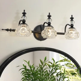 LMSOD Bathroom Vanity Light Fixtures, Farmhouse Vintage Wall Sconce Lighting with Glass Shade, Bath Vintage Wall Mounted Lamps for Mirror (3 Lights,Matte Black,G9 Base)