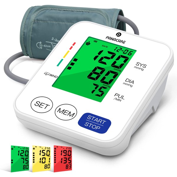 Panacare 2.0 Fully Automatic Upper Arm Blood Pressure Monitor, 3-Colour Large Display with Backlight, German Language, 2Users & 198 Data, Cuff of 22-42 cm, Blood Pressure Monitor (White)