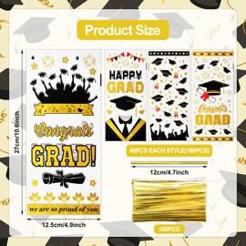 160 Pieces 4 Styles Graduation Cellophane Treat Bags with Twist Ties, Congrats Grad Cap and Diploma Designs Clear Goodie Bags for Graduation Party Favors, Candy, Snacks, and Gift Wrapping Supplies