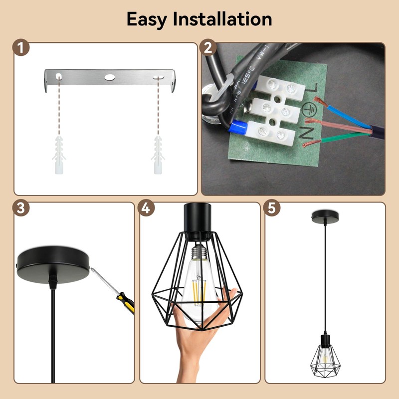 HiBay Pendant Light Height Adjustable, Black Ceiling Lights E27 Metal