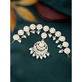 Aheli Gold Plated White Kundan Studded Ethnic Sheeshpatti Maangtikka Dulhan Bridal Stylish Fancy Jewellery Gift for Women White