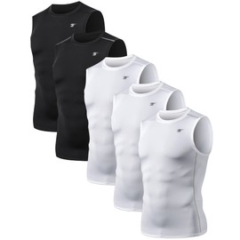 TELALEO 5 Pack Men's Athletic Compression Shirts Sleeveless Workout Tank Top Sports Base Layer Running Basketball White/Black M