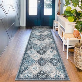 KILOCOCO 2.6x10 Runner Rug, Moroccan Washable Hallway Entryway Runner Rug, Accent Print Faux Wool Kitchen Runner Rug 10 Ft Non-Slip Runners Boho Rug Runners for Laundry Bedroom, Blue/Multi