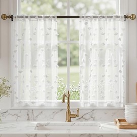MYSKY HOME - Cortinas cortas transparentes blancas con pompones para ventanas pequeñas, recámara, cuarto de bebé, habitación de niños, niñas, cortinas bohemias para café, cocina, filtrado de luz