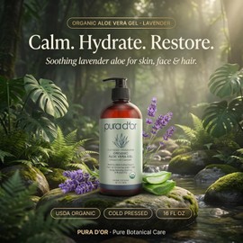 PURA D'OR Organic Aloe Vera Gel Original Lavender Scent (16oz) USDA Certified - Deeply Hydrating, Moisturizing Skin & Hair - Sunburn, Bug Bites, Rashes, Small Cuts, Eczema Relief (Packaging may vary)
