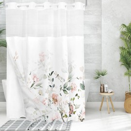Tititex No Hooks Snap in Liner Aesthetic Blooming White Flowers Pink Bird Shower Curtain Sets, Hotel Luxury Double Layers Waterproof Fabric & See-Through Top Window Bathroom Decorative 60x72 Inch