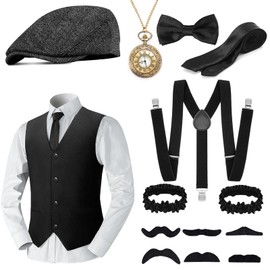 WEARXI 20s Men's Accessories, Mafia Carnival Costume Men, Peaky Blinders Costume, 20s Accessories, Fancy Dress Costumes Men's Braces Men's Costume Set Decoration (Black-2, XL)