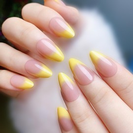 CUZIAM Lemon Yellow Nude Ombre Press on Nails for Women, Short Almond Neon Yellow Spring Summer Gel French Tip Full Cover Stick on Nail, 24Pcs Glossy Reusable Perfectly Fit False Fake Nail with Glue