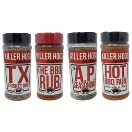 Killer Hogs Barbecue Rub Variety Pack - Hot BBQ, Texas Brisket, A.P. Seasoning, and Original BBQ Rub - Pack of 4 Bottles - 48 oz Total - Bulk Killer Hogs Barbecue Seasoning