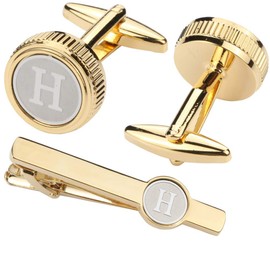 GWD Mens Cufflinks Tie clips set Set Shirt Classic Initials Alphabet A-Z Gift Box ((Cufflinks Tie Clip Set) H)