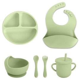 FlexiBaby 6 PCS Silicone Baby Feeding Set for Toddler First Eating - Led Weaning Supplies with Suction Divided Plate, Bowl, Cup, Bib, Spoon & Fork - Infant Self Feeding Dishes & Utensils (Green)