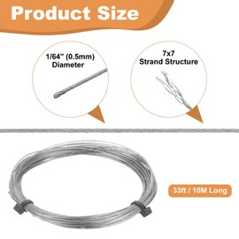 sourcing map 304 Stainless Steel Cable Wire Rope Kit 33FT (10M) Long 1/64" (0.5mm) Dia 7x7 Strand Core Aircraft Cable Marine Grade for Deck Railing System Outdoor Hanging Kit Garden