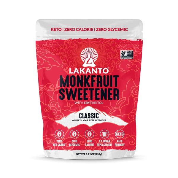 Lakanto Classic Monkfruit Sweetener - 1:1 White Sugar Substitute, Zero Calorie, Keto Diet Friendly, Zero Net Carbs, Zero Glycemic, Baking, Extract, Sugar Replacement (Classic White - 8.29 Oz)