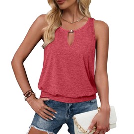 Gihgoew Summer Tank Tops for Women 2024 Metal Buckle Round Neck Sleeveless Fashion Loose Cute Tops Henley Shirts for Women's (Roses red)