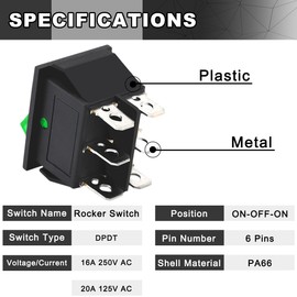 MKBKLLJY 4PCS Rocker Toggle Switch AC 16A 250V/20A 125V DPDT 6 Pins 3 Position ON/Off 4 Colors LED Light Illuminated Boat KCD4 Snap in Square Switch 16 PCS Terminal Wire Sheath (6.3mm/0.24inch)