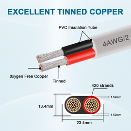 4 Gauge Marine Wire, 5FT 4 AWG Tinned Copper Oxygen-Free Boat Cable Duplex, Waterproof & Corrosion Resistant for Automotive, RV, Solar, LED, Outdoor Use