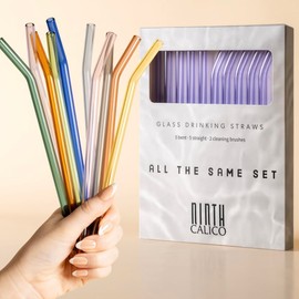 10-Pack Reusable Glass Drinking Straws – Colorful, Durable, Shatter-Resistant – Includes 5 Straight, 5 Bent Straws & 2 Cleaning Brushes – For Smoothies, Iced Coffee, Juice, and More (Light Purple)