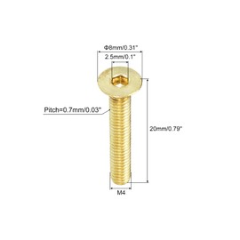 sourcing map Flat Head Socket Cap Screws, M4-0.7 x 20mm Brass Inner Hex Drive Fasteners Bolts 24Pcs