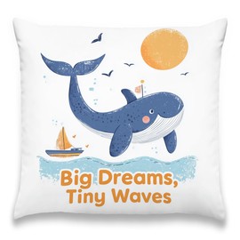 Xolytar Whimsical Whale “Big Dreams Tiny Waves” Throw Pillow Cover Gifts for Kids, Nautical Motivational Decorative Pillow for Couch Sofa Nursery Bedroom, Cartoon Ocean 18x18