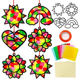 Qyeahkj 32 Set Tissue Paper Crafts for Kids DIY Rainbow Heart Window Suncatcher Craft Kit Sunflower Sun Hanging Decor for Summer School Home Activity Art Project Birthday Party Favor Gift