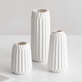 Keramik Vasen 3er Set, Kleine Blumenvasen für Tischdeko, Gerippt Vasen Deko für Pampasgras Trockenblumen, Bauernhaus Landhausstil Rustikale Deko Vase - Weiß, Höhe 11, 15.5, 19.7 cm