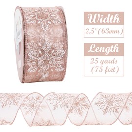 HUIHUANG Snowflake Wired Ribbon Rose Gold Glitter Snowflake Ribbon for Christmas Tree, 2-1/2" x 25 Yards Christmas Ribbon for Tree Decoration, Bows Making, Wreath, Gift Wrapping, Crafts