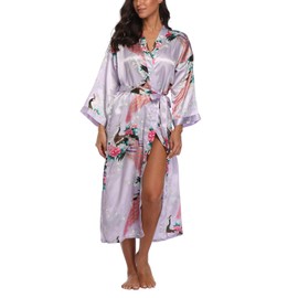 ABC-STAR Women's Kimono Robe Peacock & Blossom Robe Wedding Satin Bathrobe Nightgown Large