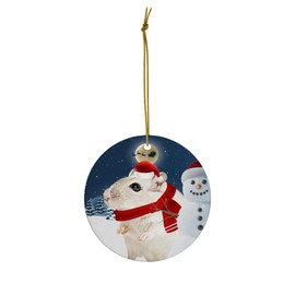 Festive Winter Night Pet and Snowman Ornament - White Hamster Christmas Ornament Circle Ceramic - Funny Holiday Xmas Tree Decoration Gifts for Hamster Lovers