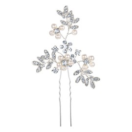 Clearine Women's Wedding Bridal Cream Simulated Pearl Crystal Filigree Leaf Hair Pin Clear Silver-Tone