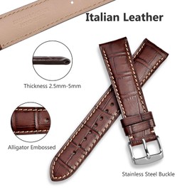 WOCCI 22mm Watch Band, Italian Leather, Embossed Alligator Grain, Silver Buckle (Brown/Beige Stitching)