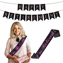 Pink Black Happy Retirement Party Decoration Kit,Retirement Hanging Bunting Banner Garland I am Retired Glitter Celebration Sash Photo Booth Props for Men Women Office Farewell Work Party Supplies