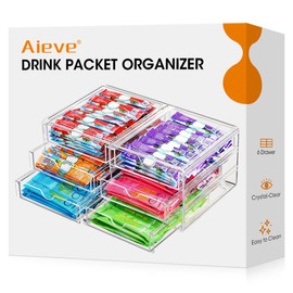 AIEVE Drink Packet Organizer, Stackable Storage Drawers for Tea Bag Organizer, Water Packet Holder with 6 Drawers Acrylic Bins for Kitchen Cabinets Pantry Office Organization